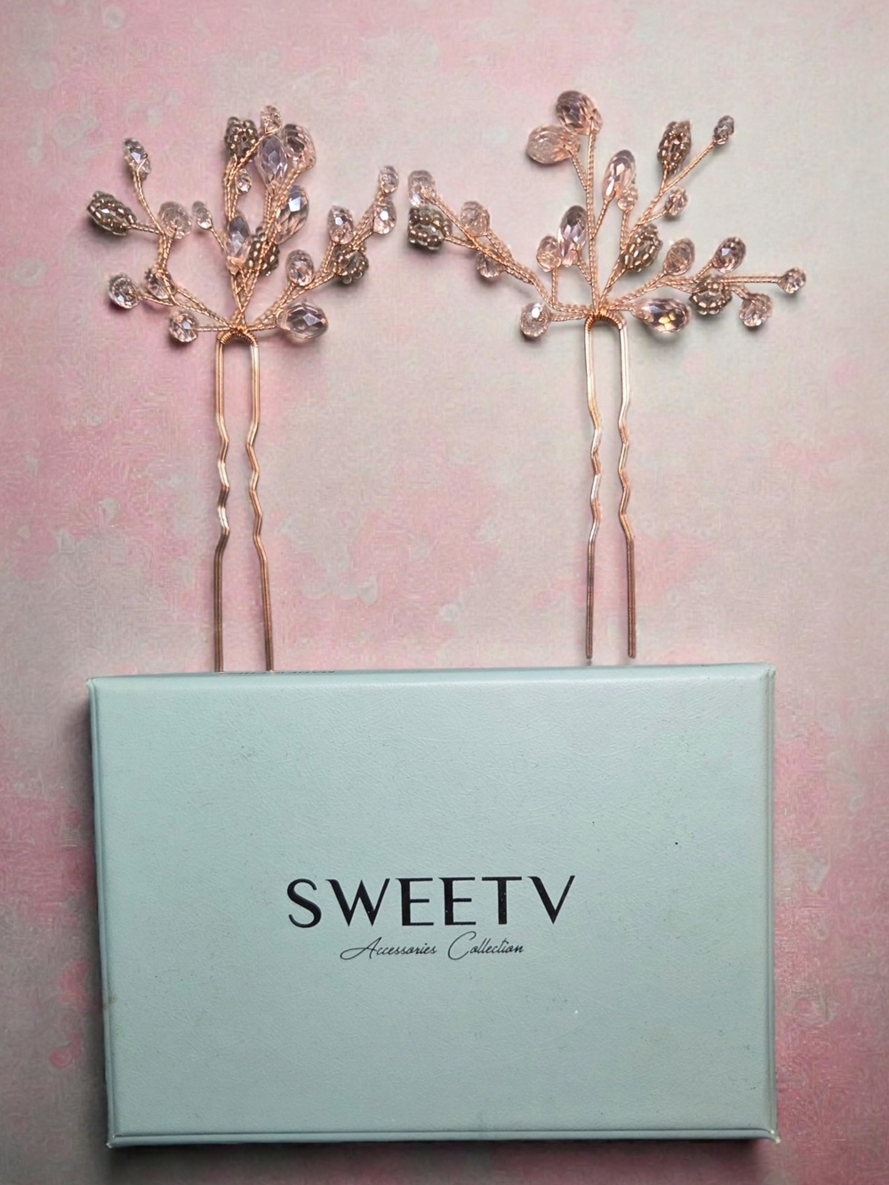 SWEETV Rose Gold Crystal Branch Hair Pins - Set of 2